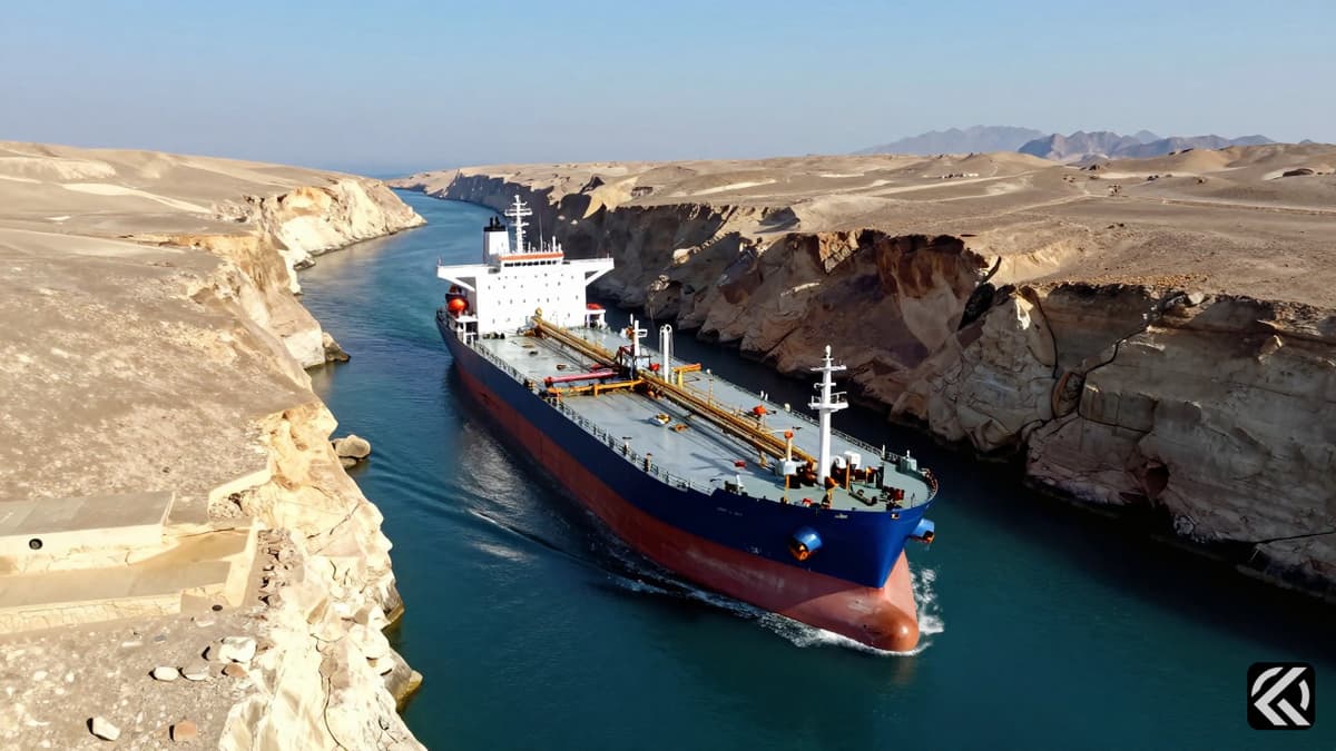 Aerial view of a commercial oil tanker navigating the narrow waters of the Strait of Hormuz surrounded by arid cliffs.