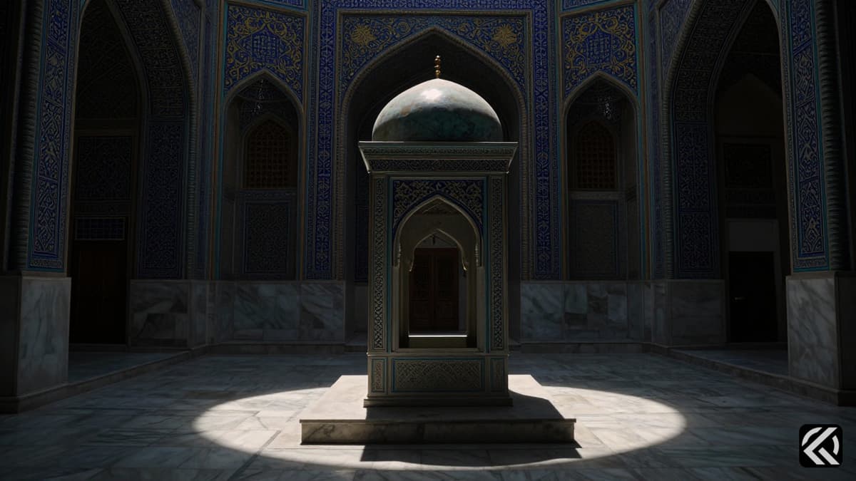 Dimly lit interior of a shrine in Qom with an empty cenotaph symbolizing leadership uncertainty.