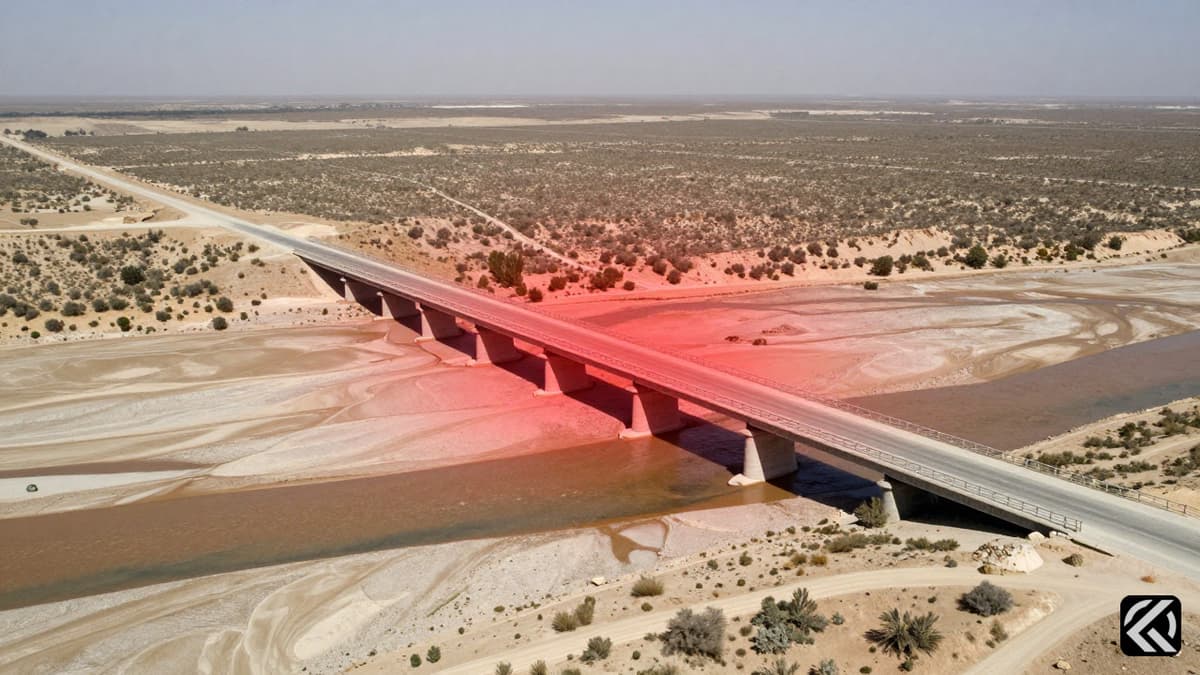 A satellite view of a vulnerable bridge in a dry landscape marked with a red warning overlay indicating threat.