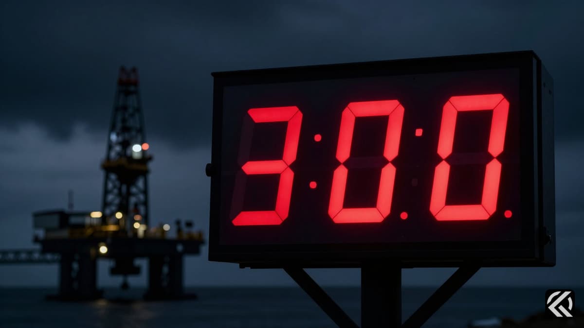 Digital countdown timer in red over oil infrastructure and bridge silhouettes.