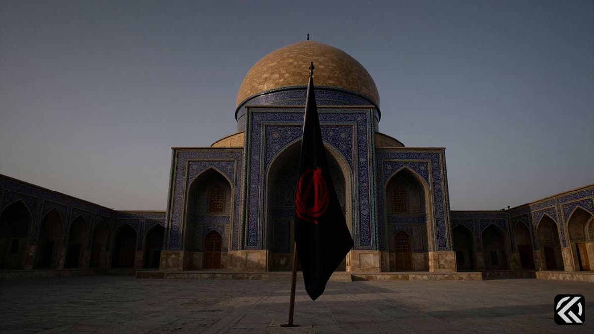 A somber view of a grand Islamic mausoleum in Qom with a limp flag symbolizing leadership uncertainty.