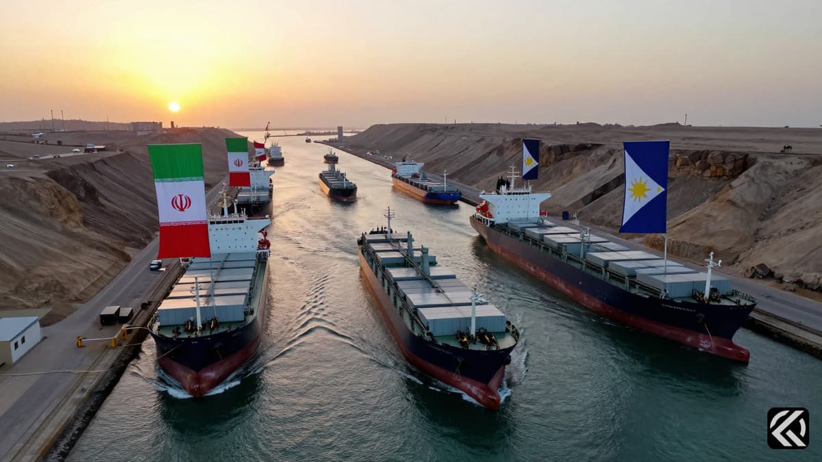 Ships with Iranian and Philippine flags navigate the Strait of Hormuz during sunset.