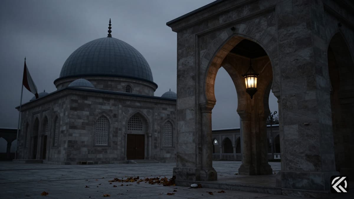 A dimly lit stone archway with a hanging lantern and draped flag in Qom under an overcast sky.