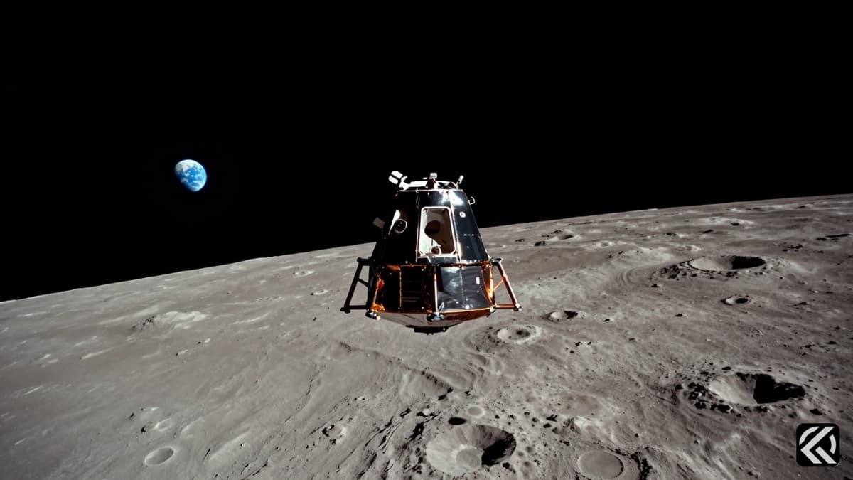 Orion spacecraft approaching the cratered lunar surface with Earth visible in the distance