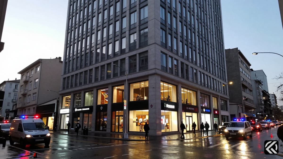 A view of a tall commercial building in Istanbul housing a consulate, surrounded by businesses and emergency lighting on the street.