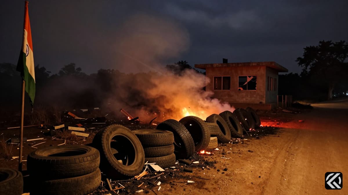 Smoldering tires and debris at a security outpost in Moirang Tronglaobi following a violent explosion.