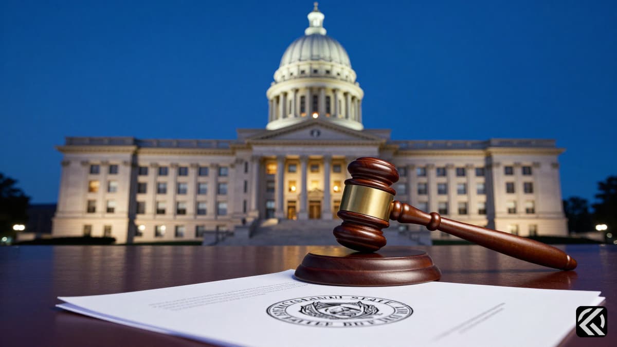 Realistic photo of Wisconsin State Capitol and gavel symbolizing the court election.