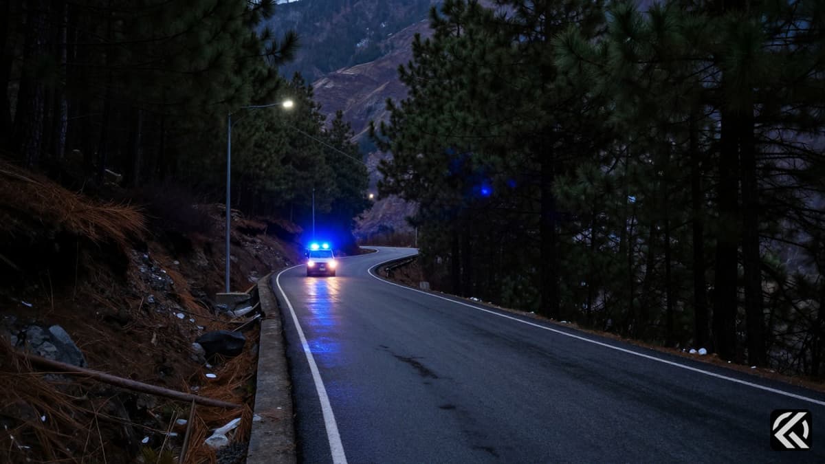 Nighttime scene of a mountain road with faint emergency lights reflecting on wet asphalt during a police operation.