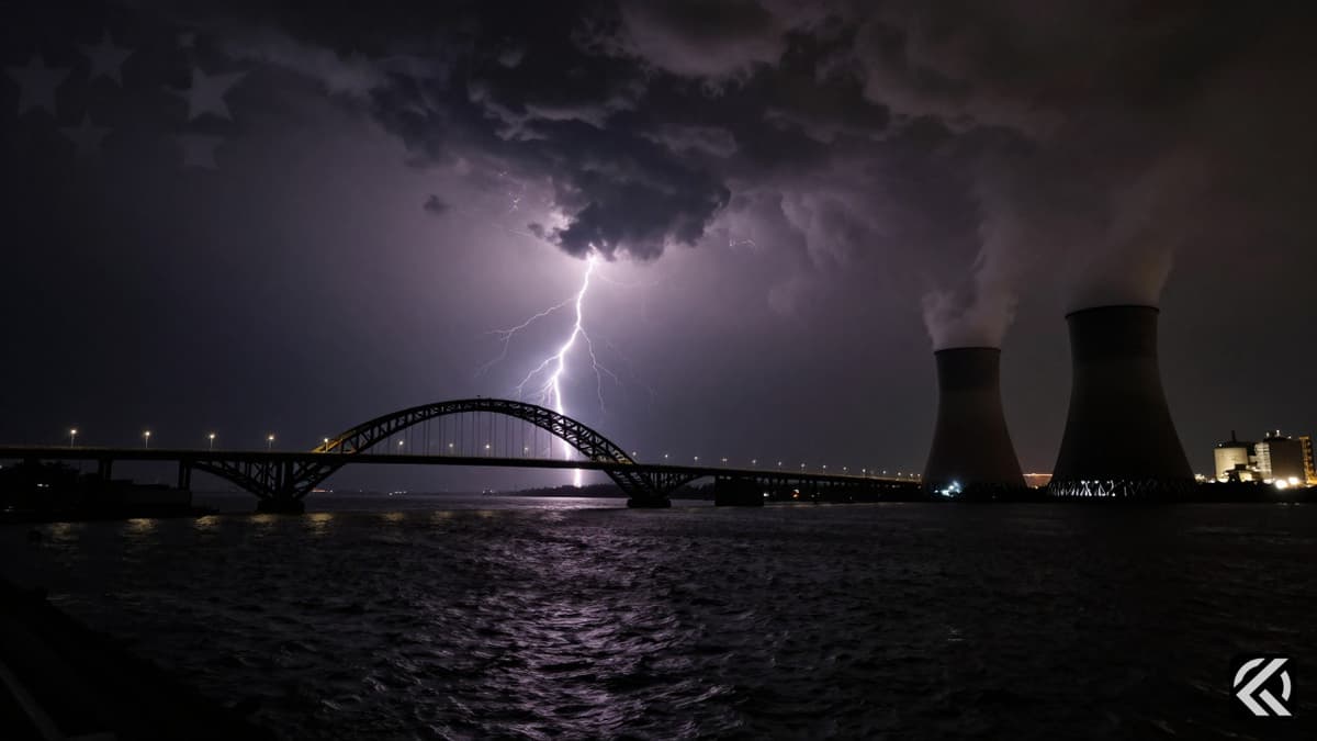 Night view of a strategic bridge and power plant silhouette against a stormy sky, symbolizing the threat to Iranian infrastructure during the conflict.