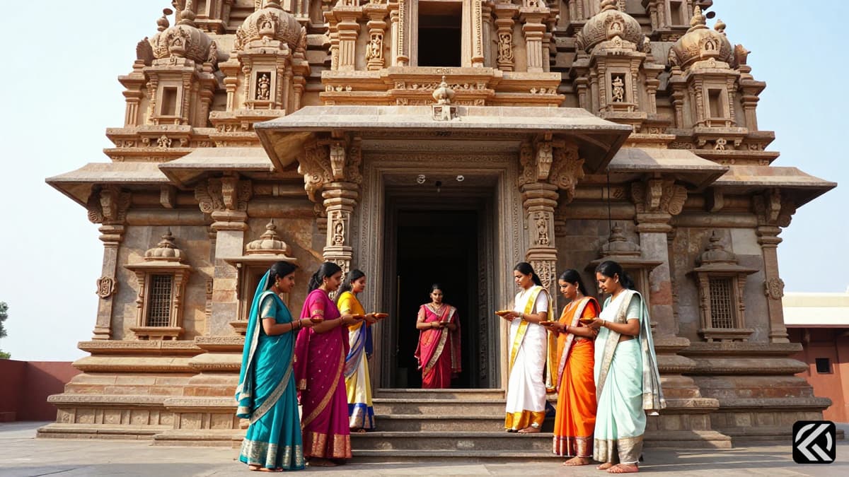 Diverse women standing at a stone temple entrance holding lamps.