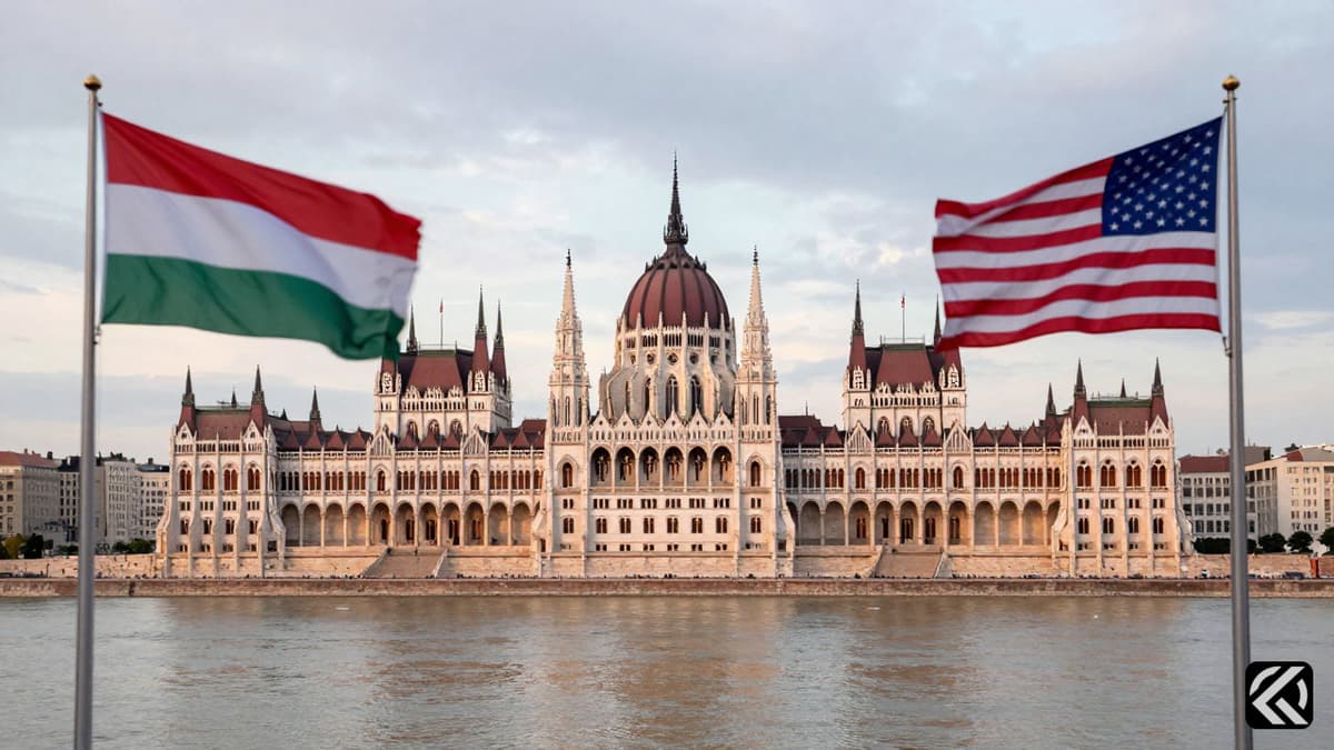 Hungarian and American flags flying before the Budapest Parliament symbolizing diplomatic ties during high-stakes negotiations.