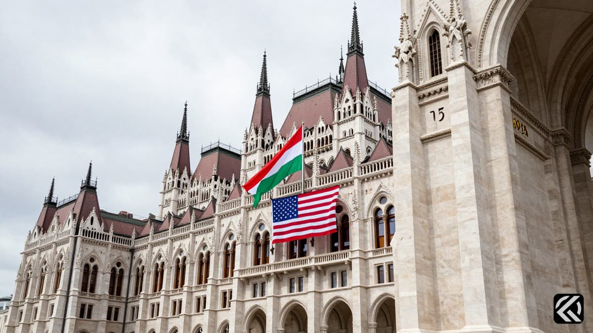 Hungarian Parliament building with US and Hungarian flags displaying political symbolism for the 2025 election.