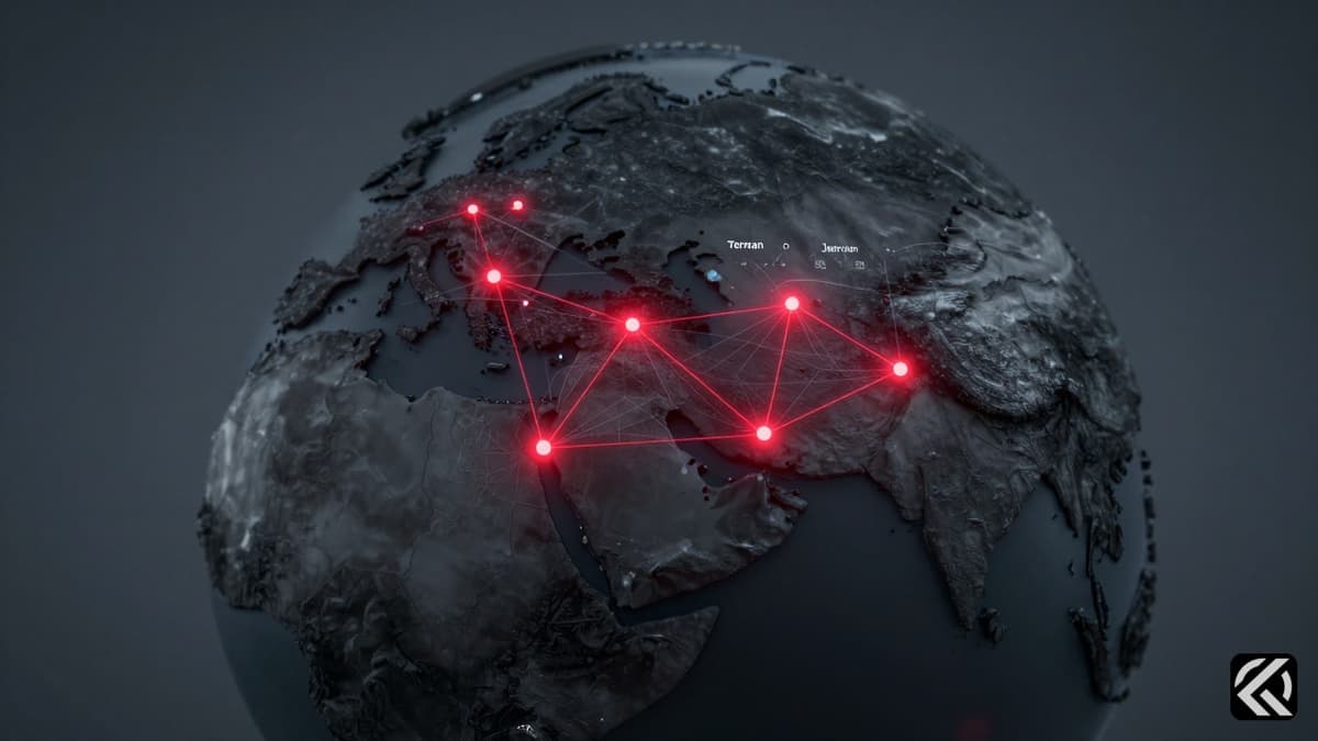 Realistic map showing digital network connections between Iran, Israel, and US in a geopolitical context.