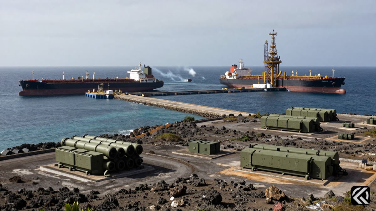 Military fortifications and oil jetties on Kharg Island with smoke rising from impact zones.