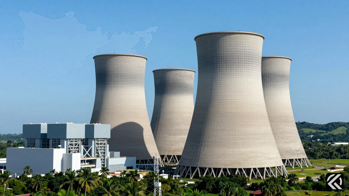 Realistic photo of India's advanced nuclear reactor facility at Kalpakkam with tropical landscape.