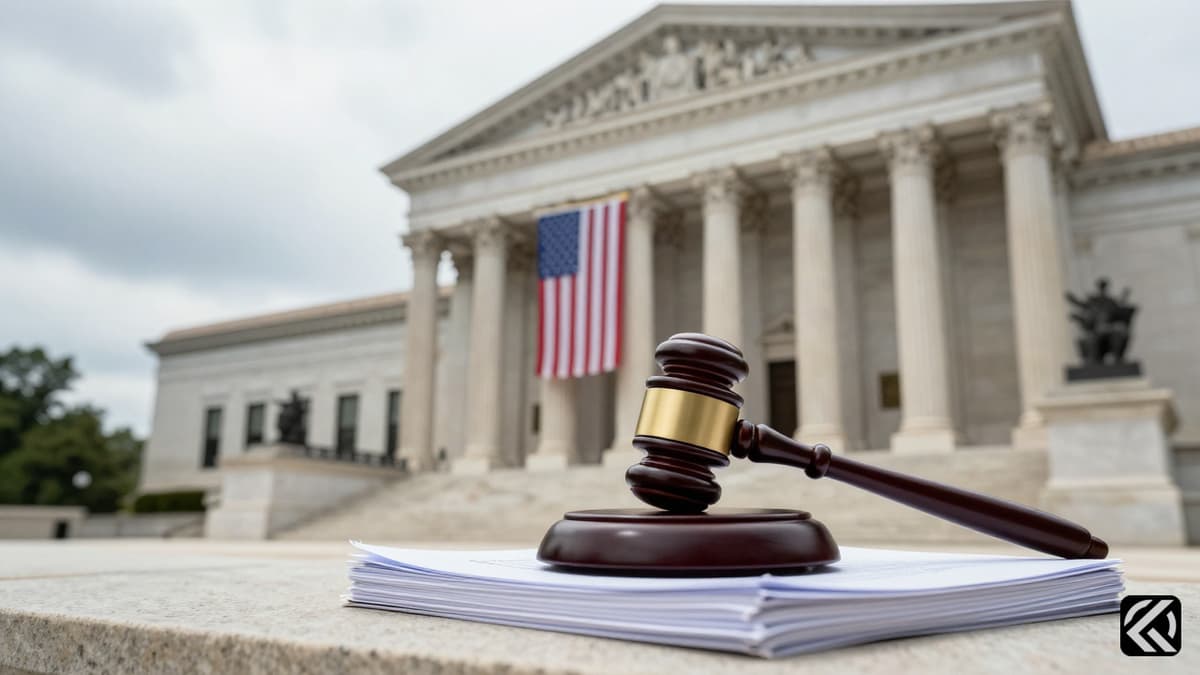 A realistic photo of a courthouse exterior with a gavel and legal documents symbolizing the Wisconsin judicial election.