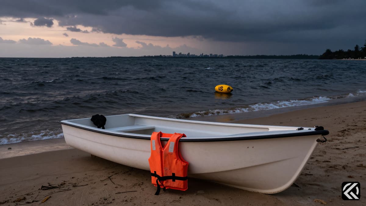 An abandoned dinghy on a beach at dusk with storm clouds, symbolizing the search for a missing woman.