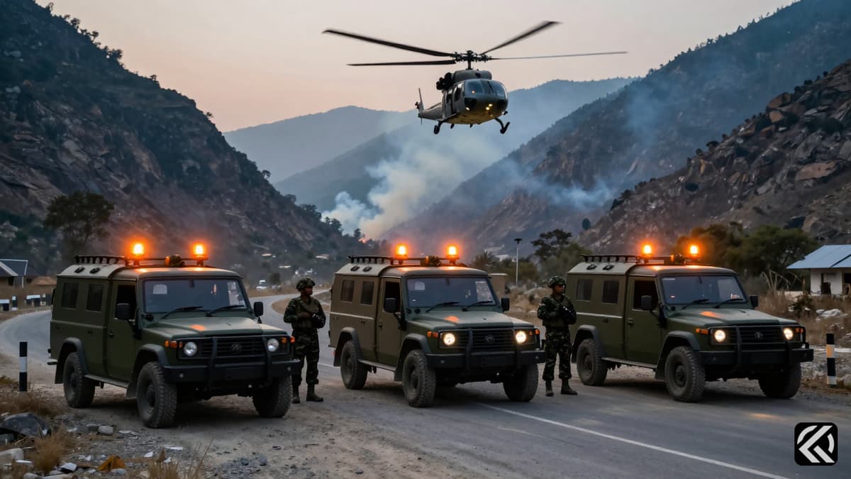 Security forces and helicopters oversee a tense security operation in a Manipur valley district following a deadly bomb blast.