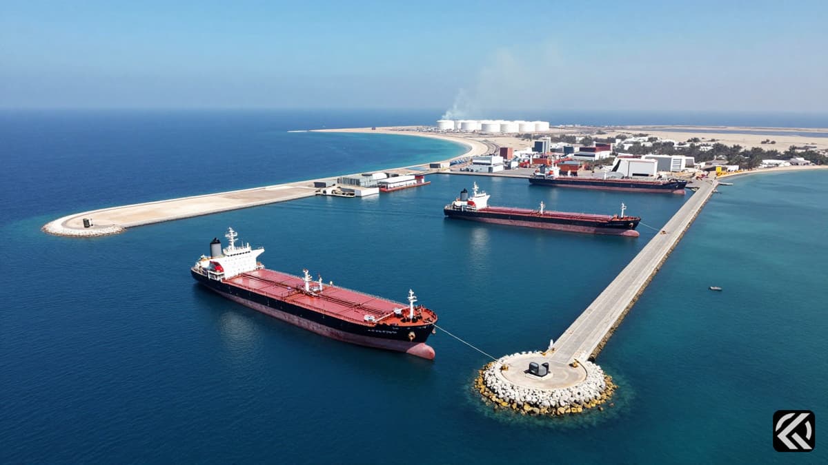 Aerial view of Kharg Island oil jetties and supertankers with distant smoke indicating recent strikes.