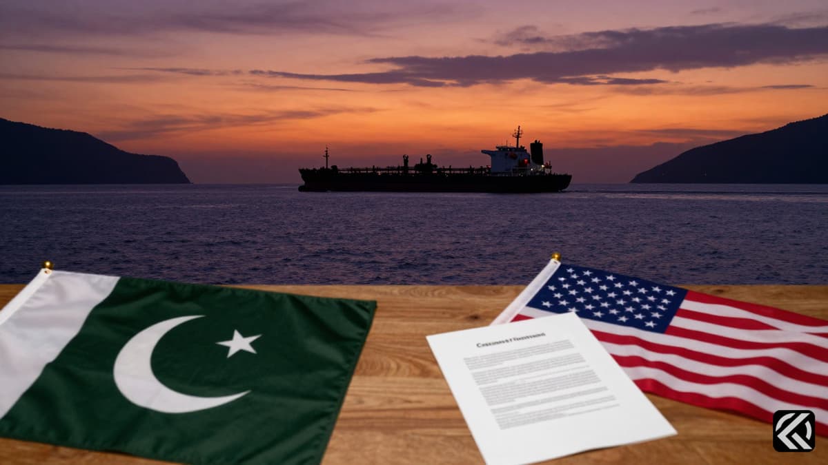 Oil tanker in Strait of Hormuz at dusk with US and Pakistan flags symbolizing diplomatic negotiations.
