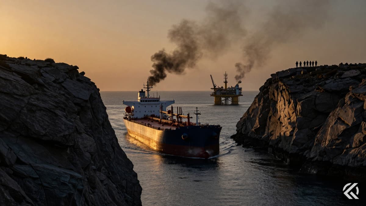 A photorealistic view of the Strait of Hormuz at twilight with smoke rising from offshore platforms and military silhouettes on rocky cliffs.