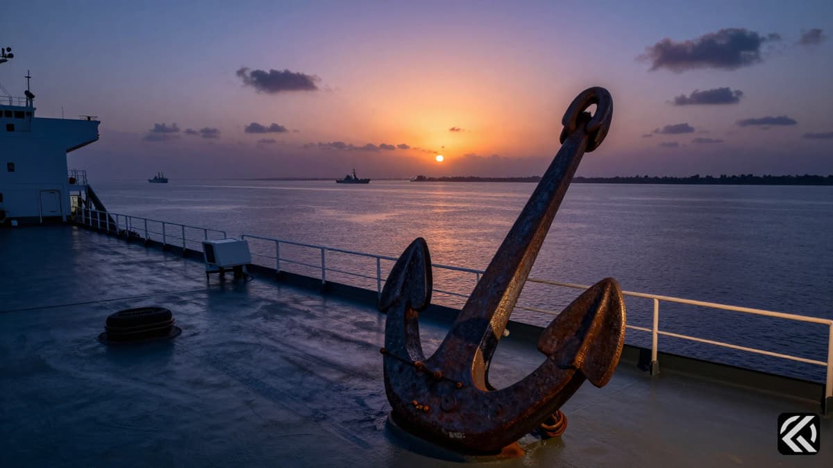 Cargo ship anchor at Strait of Hormuz symbolizing maritime security amidst war tensions.