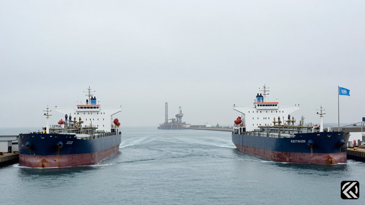 A realistic photo of oil tankers navigating the Strait of Hormuz with a UN flag in the background under overcast skies.