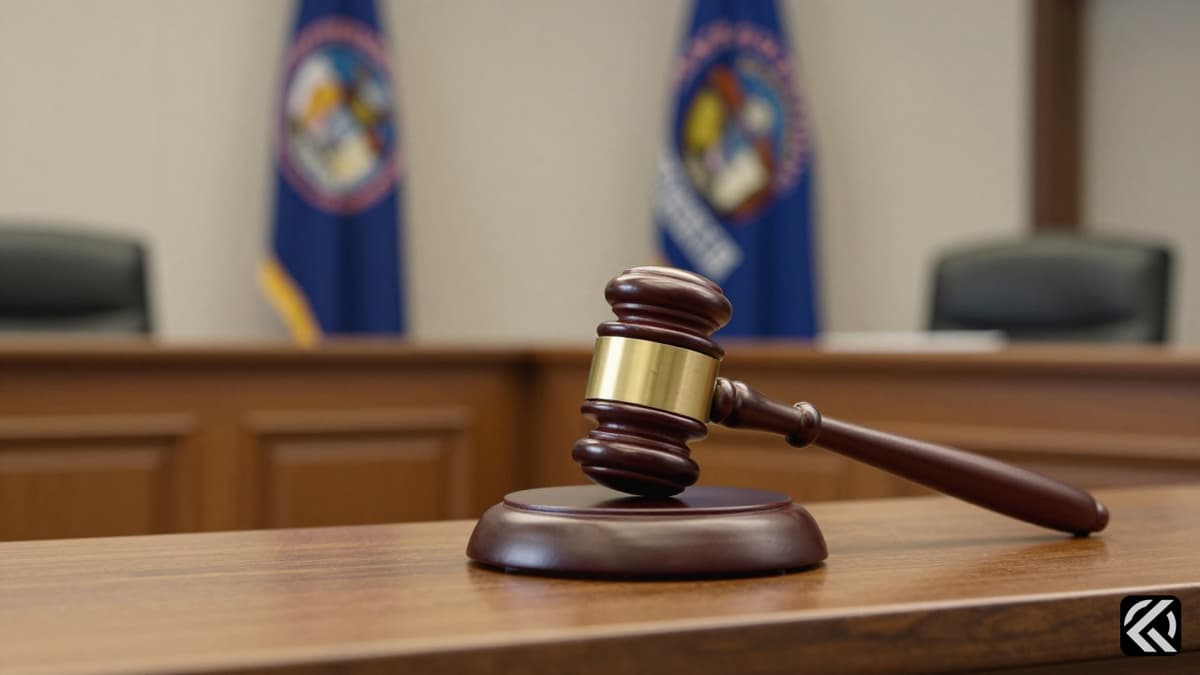 Wooden gavel on a sound block in a Wisconsin courtroom with the state flag in the background.