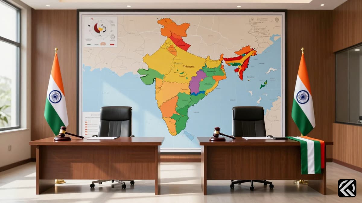 A symbolic photo of two desks with state flags and gavels representing Telangana and Kerala political rivalry.