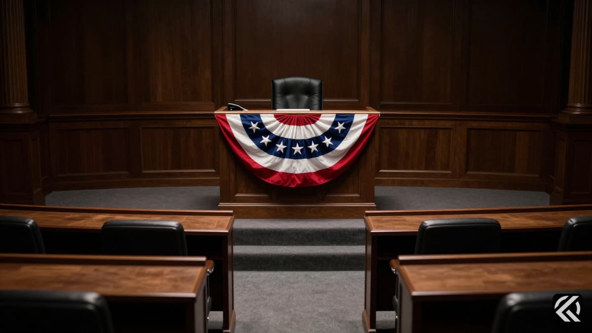 A solemn legislative hall with an American flag and empty desks symbolizing the call for presidential removal.