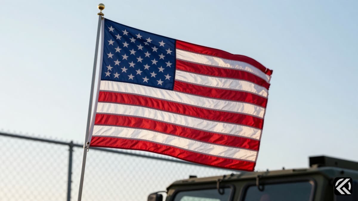 American flag waving over a military vehicle and chain-link fence under afternoon sun