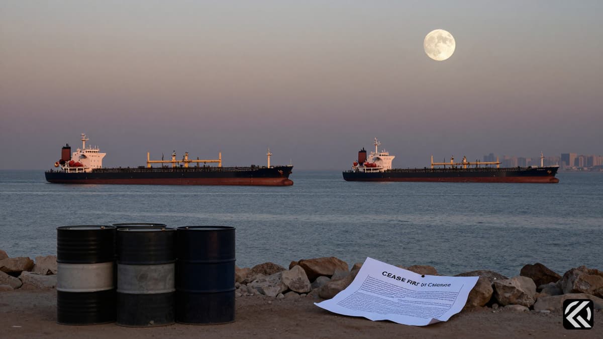 Oil tankers navigate the Strait of Hormuz at dusk near a rocky shore with a cease-fire document.