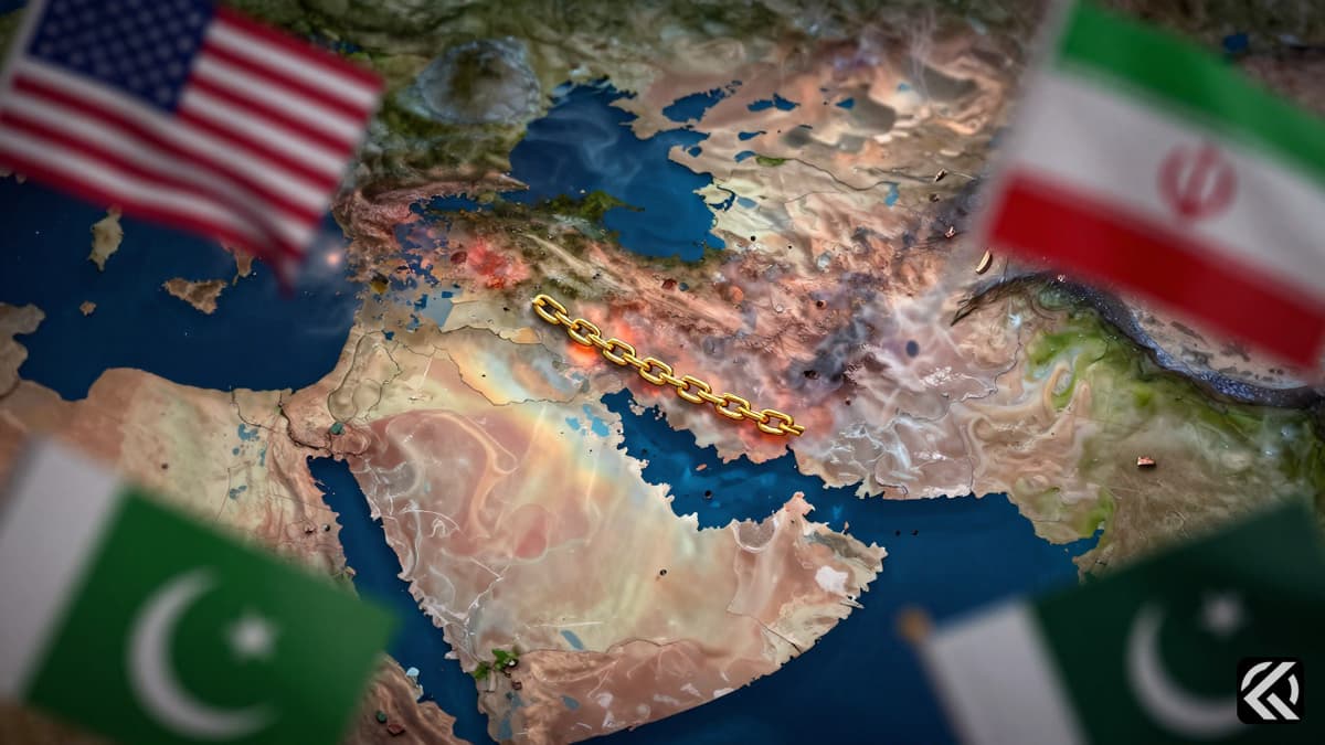 A realistic map of the Middle East highlighting the Strait of Hormuz with symbolic flags of the US, Iran, and Pakistan during a diplomatic crisis.