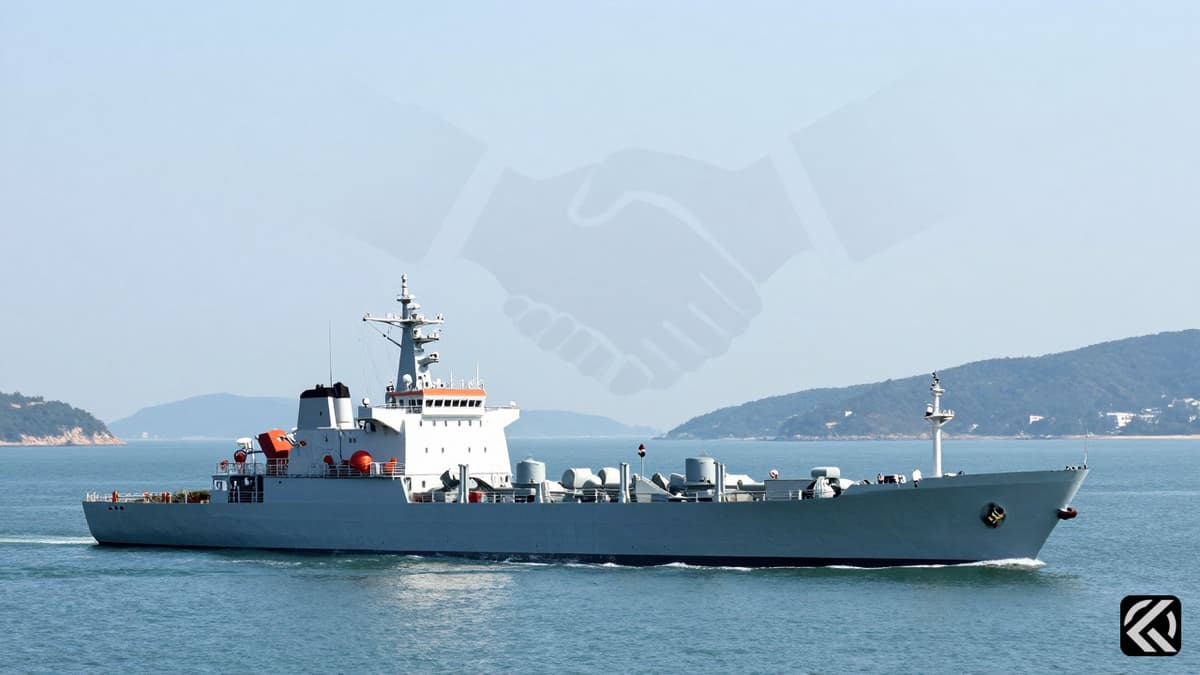 A commercial tanker ship navigating a strait with a misty handshake symbol in the background representing a diplomatic agreement.