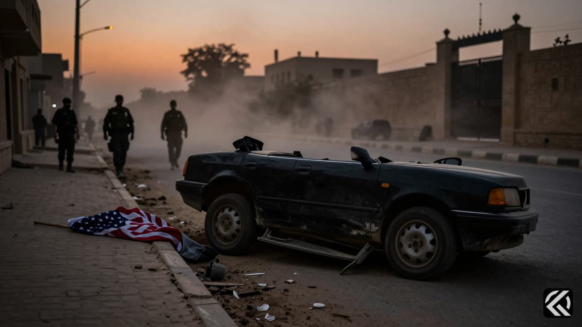 A realistic scene of an overturned vehicle and debris on a Baghdad street after a security incident involving US interests.