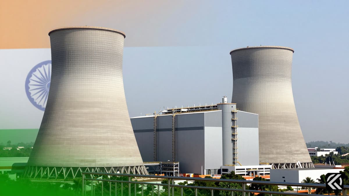 A realistic exterior view of India's PFBR facility at Kalpakkam showcasing industrial nuclear infrastructure and the Indian flag in the landscape.