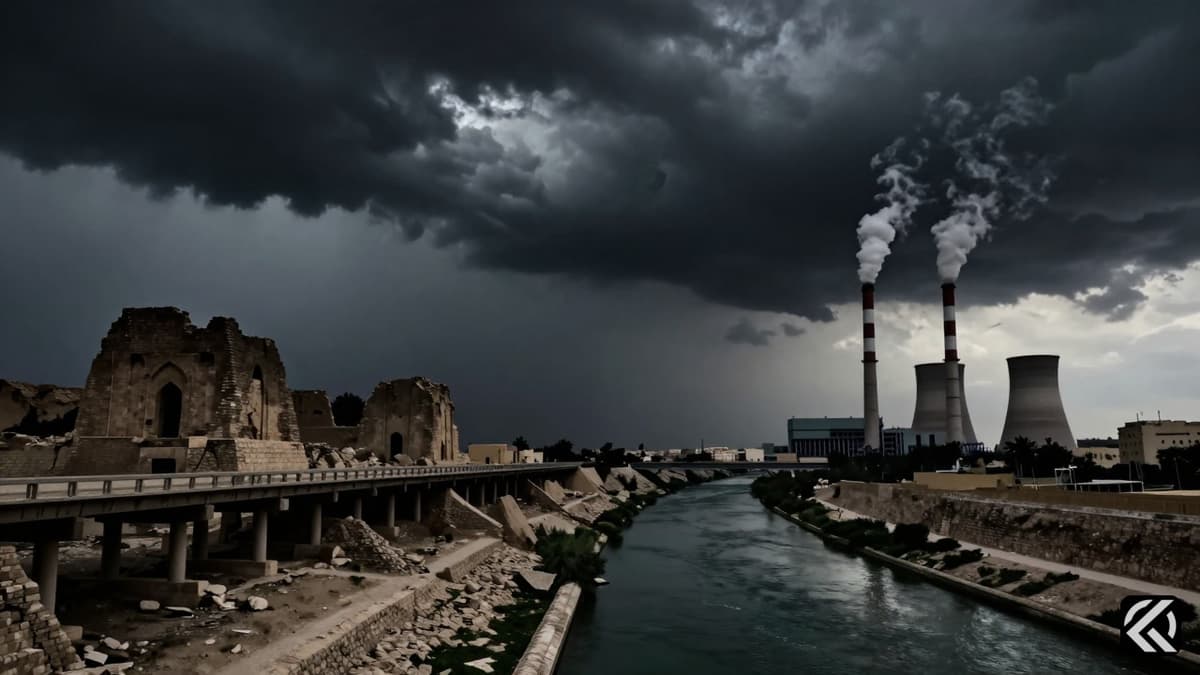 Dark storm clouds gather over ancient stone ruins and modern industrial smokestacks near a water channel, symbolizing the threatened destruction of a civilization.