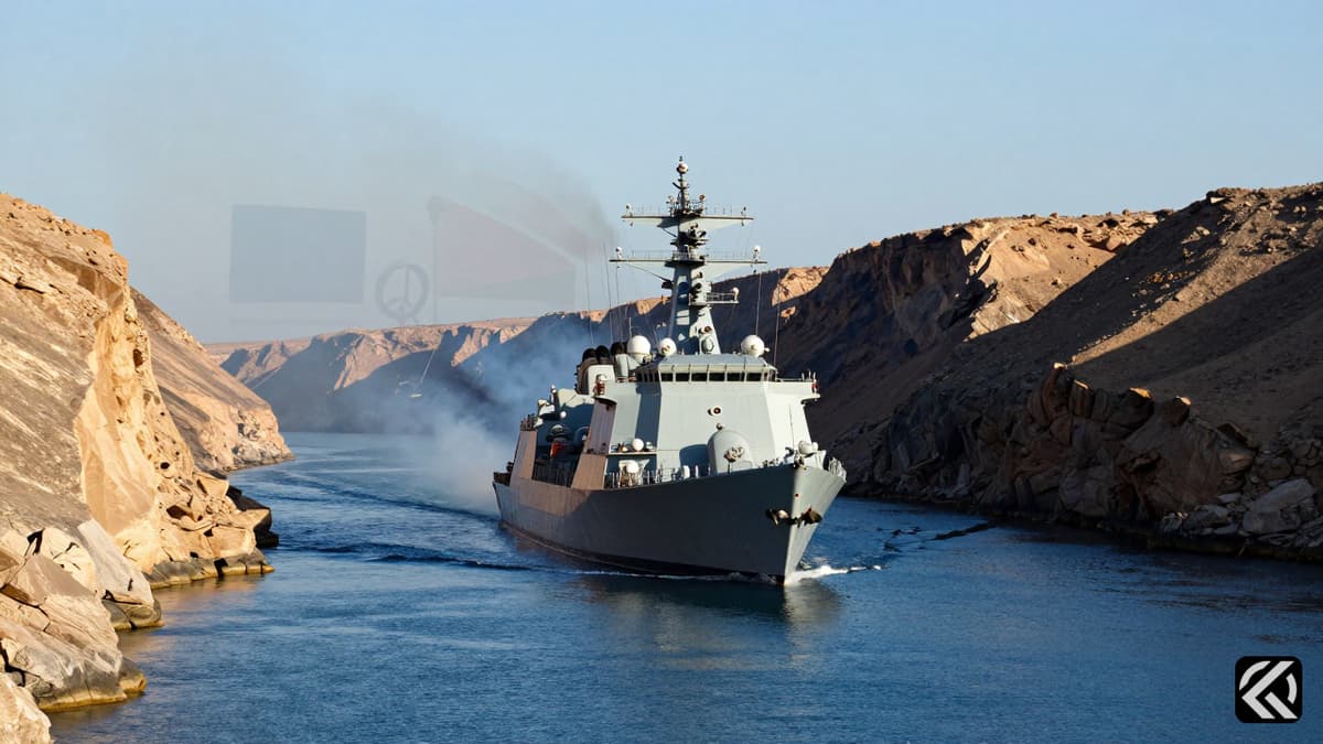 A realistic photo of a naval vessel passing through a narrow strait, symbolizing a diplomatic ceasefire and safe passage.