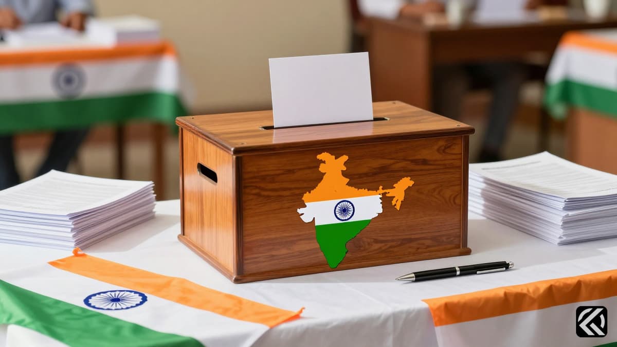 Indian voting box and ballot papers on a table with national flags during an election.