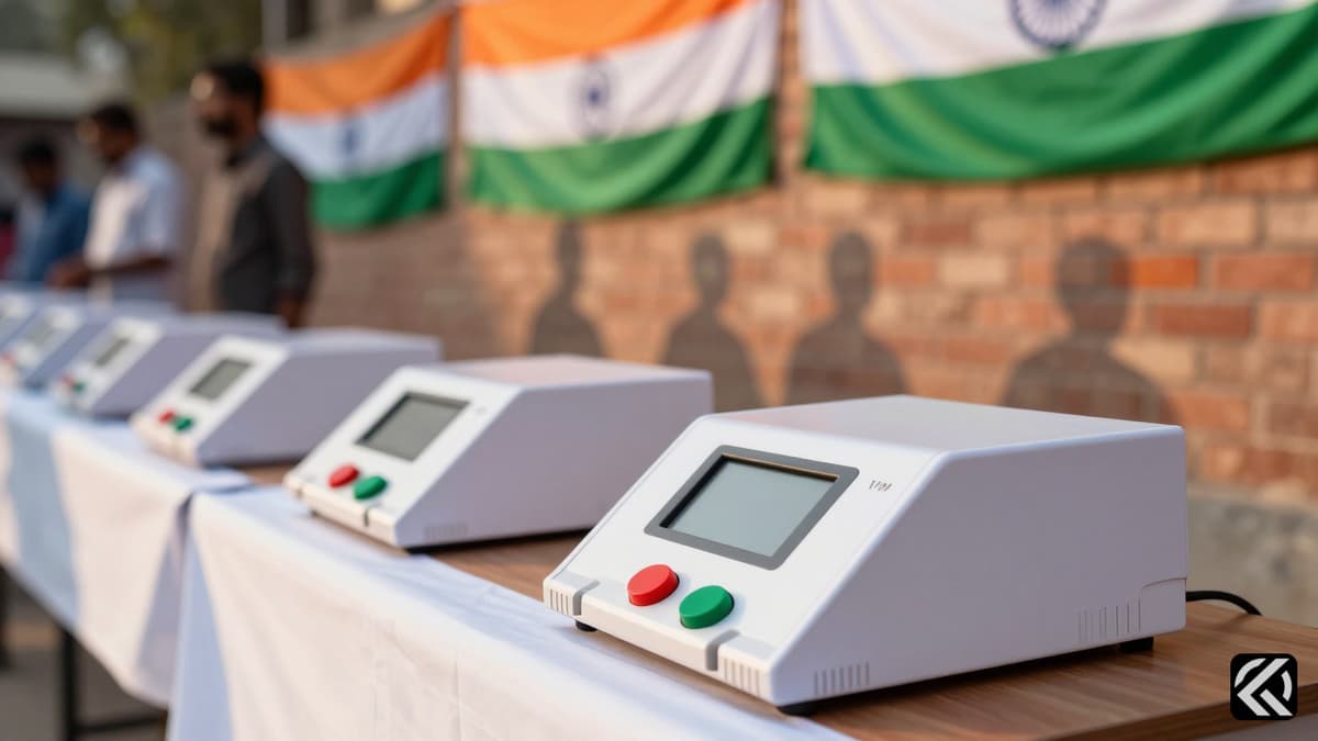White electronic voting machines and Indian flags on a wooden table at a polling station during sunrise.