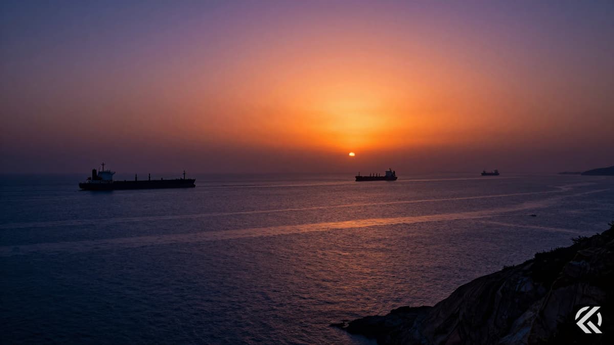 Oil tankers navigating the Strait of Hormuz at sunset with dark waters and a fiery sky.