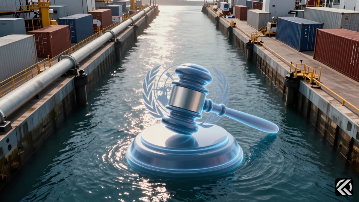 A realistic view of the Strait of Hormuz with industrial oil infrastructure and a symbolic UN gavel hovering over the water.