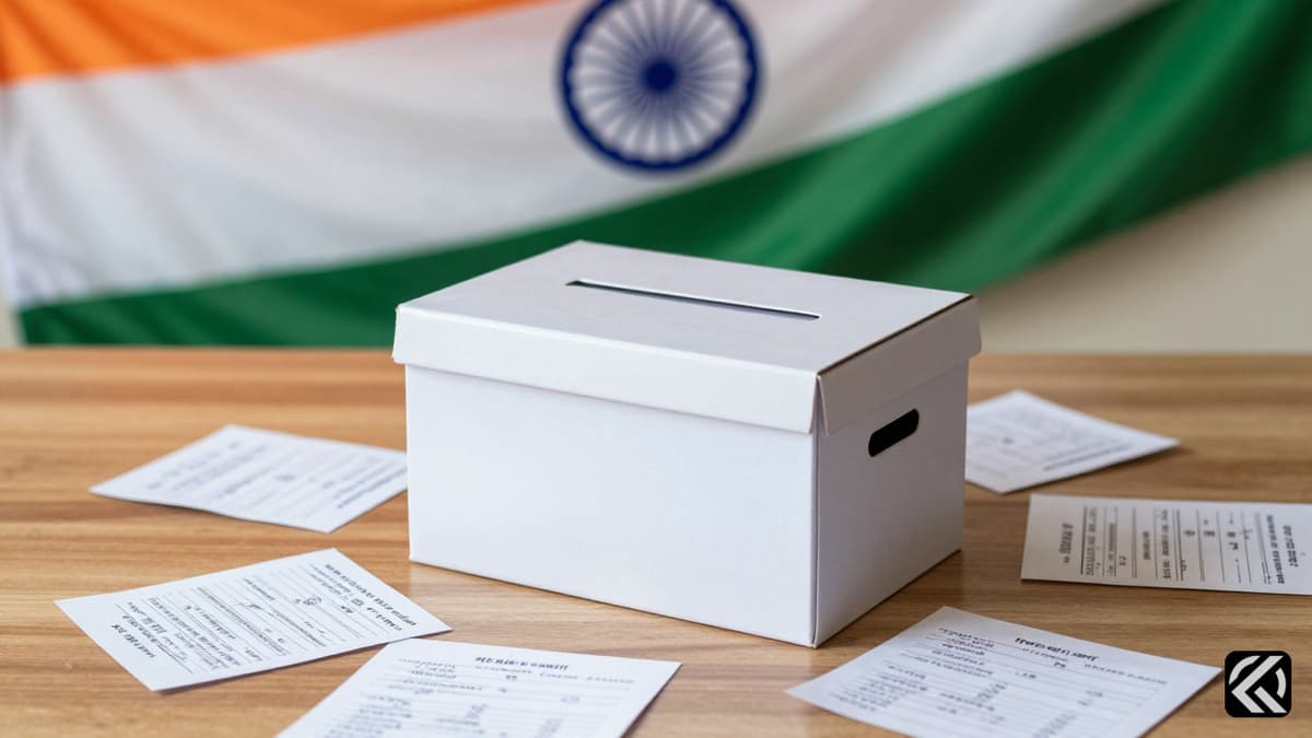 A ballot box and Indian flag symbolizing the political context of the election controversy.