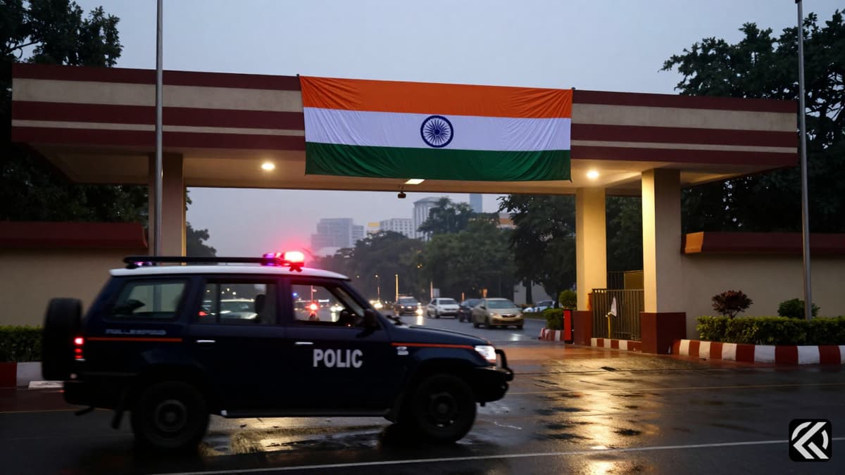 Police vehicle outside a government building with an Indian flag at twilight.