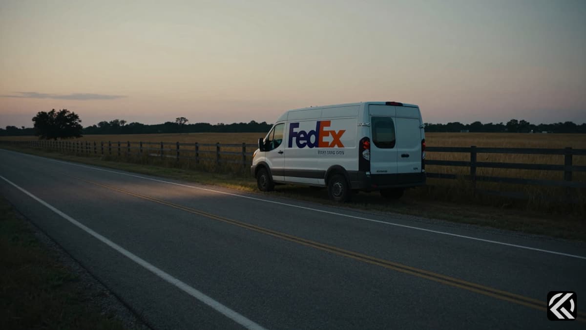 A FedEx van parked on a rural Texas roadside at dusk near a fence, symbolizing the location of a tragic event.