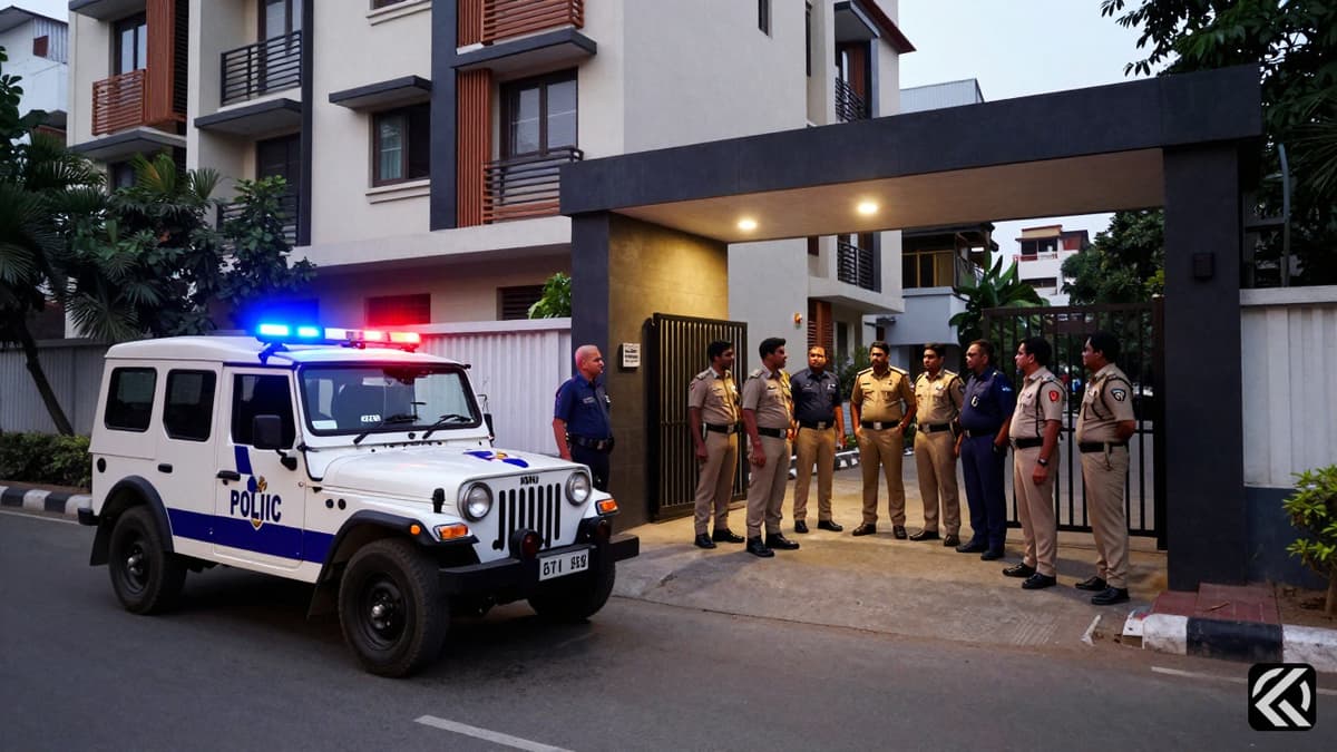 Police officers standing outside a residential building during a search operation in New Delhi.