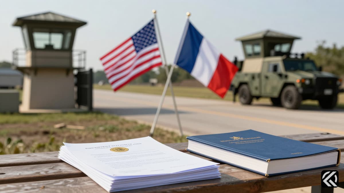 Military base gate with flags and documents representing a soldier's wife's detention and release.