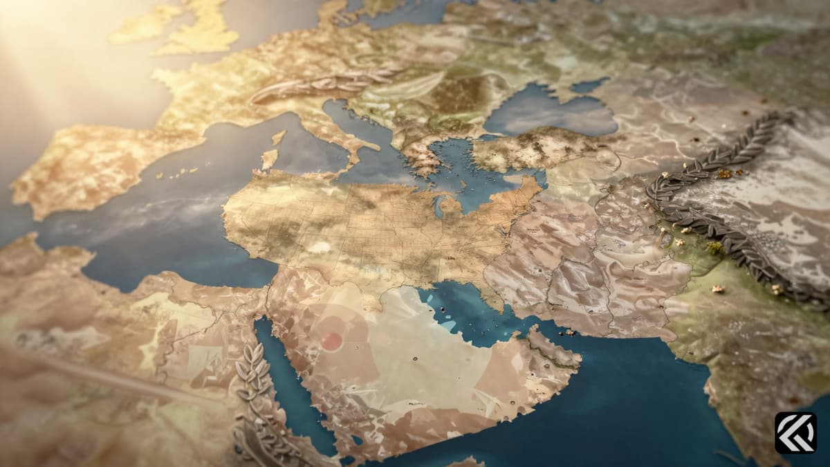 A realistic map of the Middle East illuminated by dawn light, symbolizing a ceasefire between nations with intertwined olive branches and military silhouettes in the background.