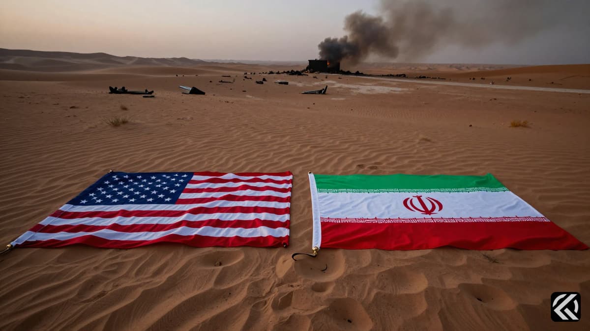 US and Iranian flags on desert sand with military debris symbolizing recent conflict.