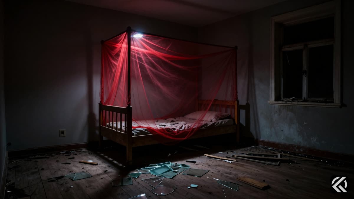 Red mosquito net over broken bed in empty room after explosion